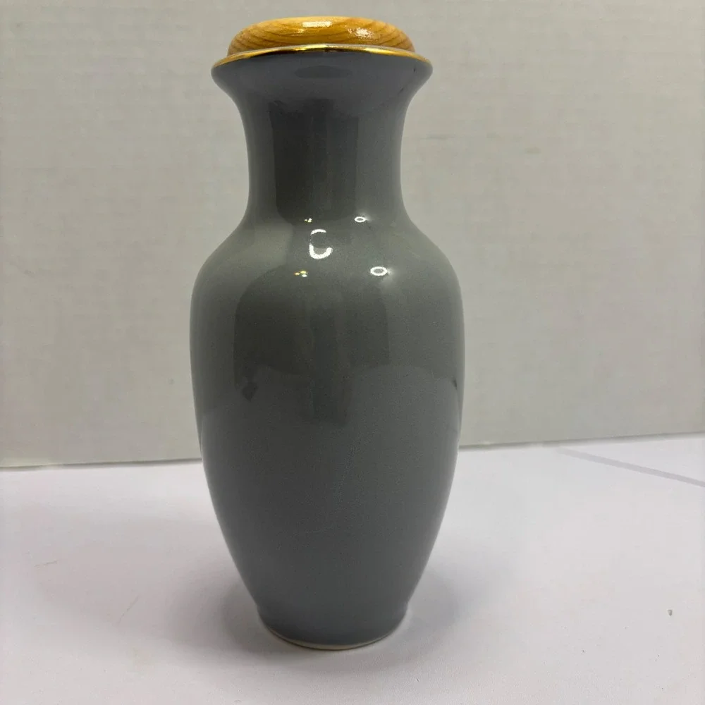 Fine China Japan Grey Ceramic Bud Vase Pink Orchids Gold Gilt with Wood Lid 7in